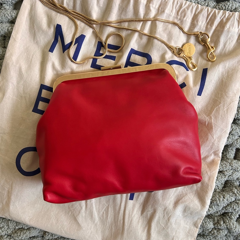 Clare V Red Leather Kiss-Lock Clutch with Gold Chain